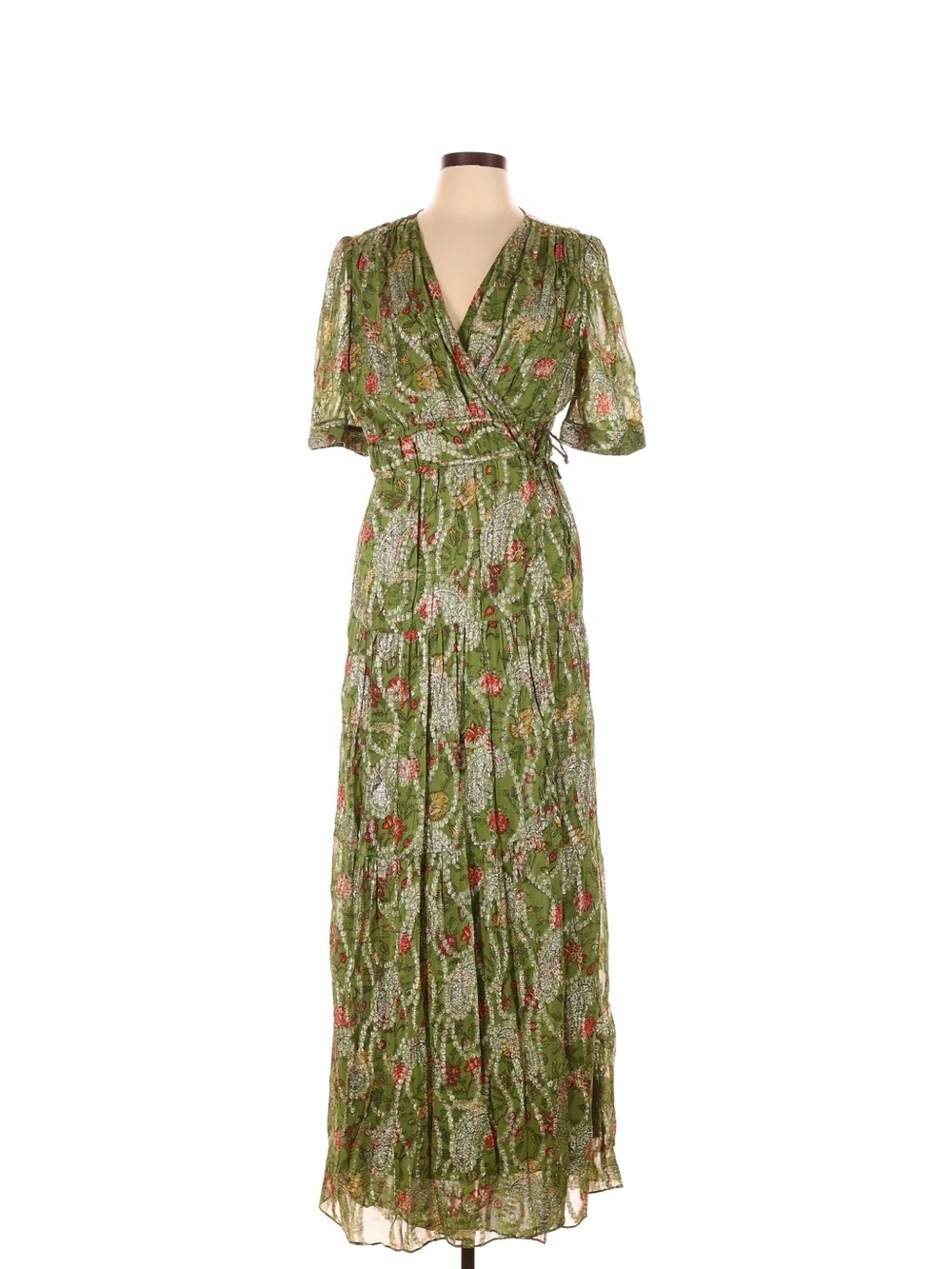 ba&sh Green Floral Wrap Maxi Dress with Pink and Red Details